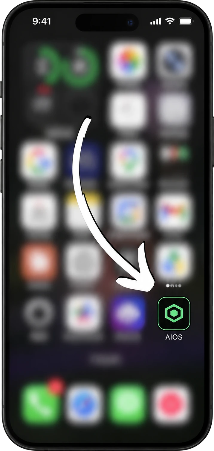 Ein iPhone, dessen Startbildschirm das AIOS-Symbol neben den gewohnten Apps zeigt.