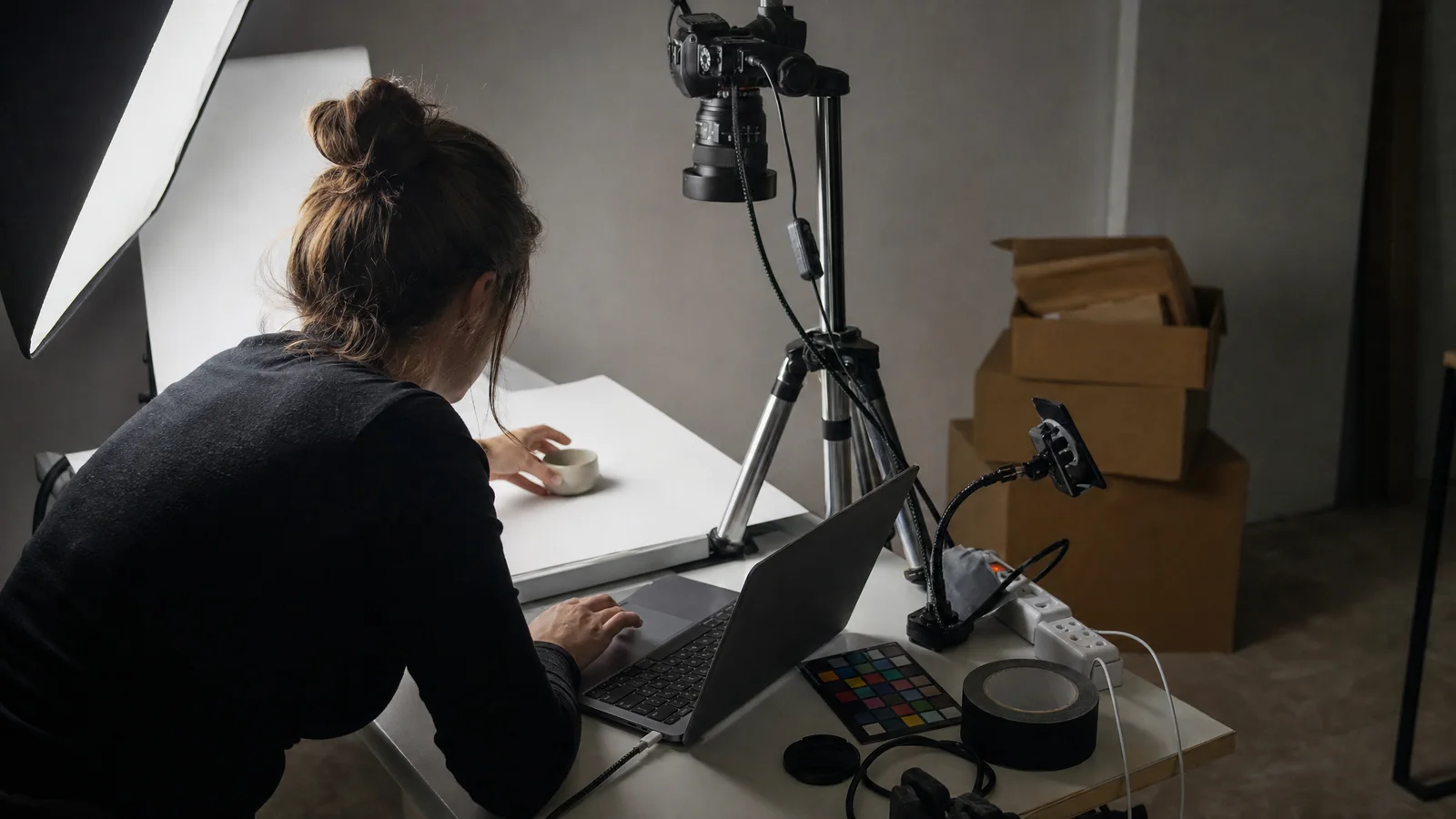 Une commerçante penchée sur son ordinateur portable dans son coin prise de vue, un appareil photo sur trépied relié en tethering au-dessus d'un fond blanc, une softbox à gauche et des cartons d'expédition empilés derrière.