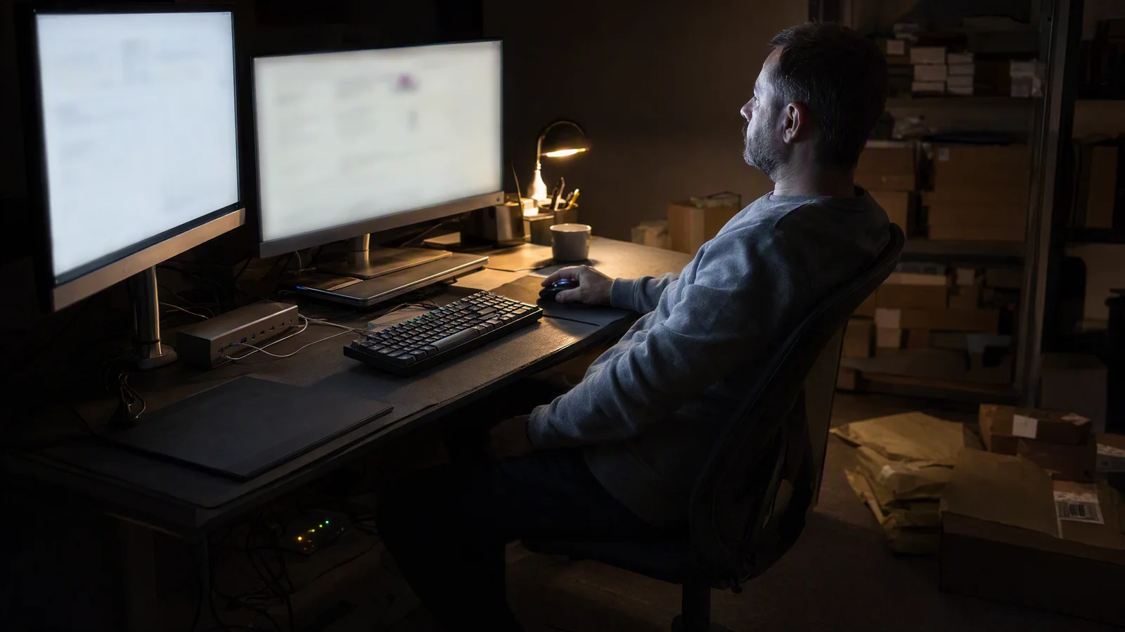 Un commerçant de profil devant deux écrans dans son arrière-boutique, tard le soir, une lampe de bureau derrière les écrans et des colis prêts à partir posés au sol.