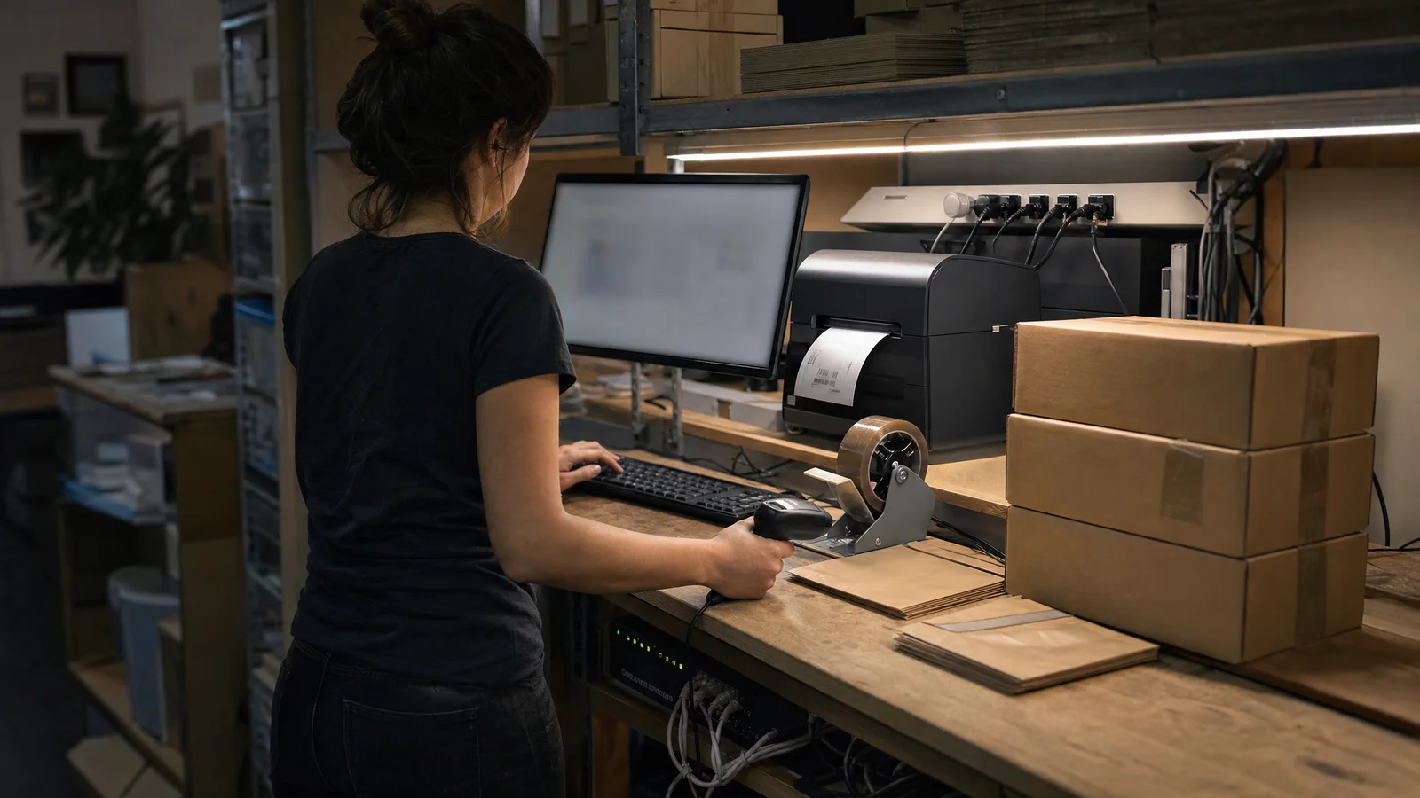 Une employée de dos au poste d'emballage d'une boutique en ligne, un écran sur bras articulé, une imprimante à étiquettes qui déroule un bordereau, une douchette à la main et trois colis fermés au bout de l'établi.