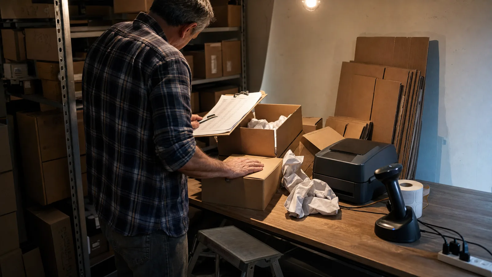Un homme la cinquantaine de dos dans un coin de réception de stock, un cutter à la main, vérifiant des cartons ouverts contre un bon de livraison sur un support à pince, sous un plafonnier à ampoule chaude.