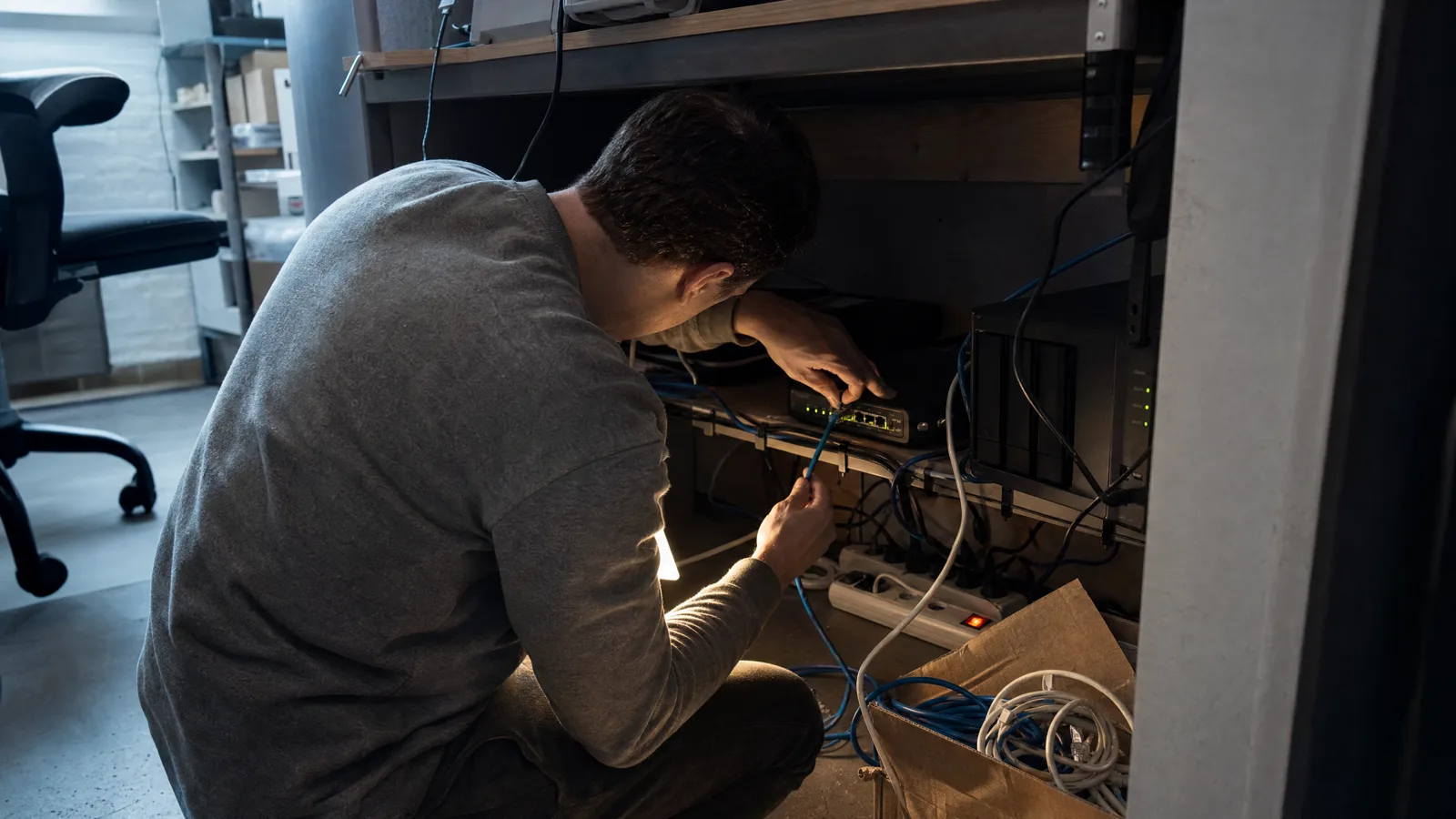 Un homme au début de la trentaine agenouillé de dos sous un bureau de boutique en ligne, reconnectant un câble ethernet près d'un routeur et d'un boîtier NAS aux voyants allumés, une lampe posée au sol.