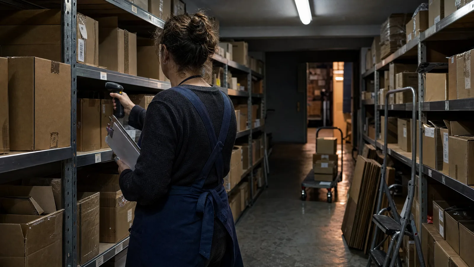 Une commerçante de la quarantaine de dos dans une allée de rayonnage de stock, une douchette scanner en main pointée vers une étiquette d'étagère, un carnet glissé sous le bras, des cartons empilés autour d'elle sous un plafonnier fluorescent.