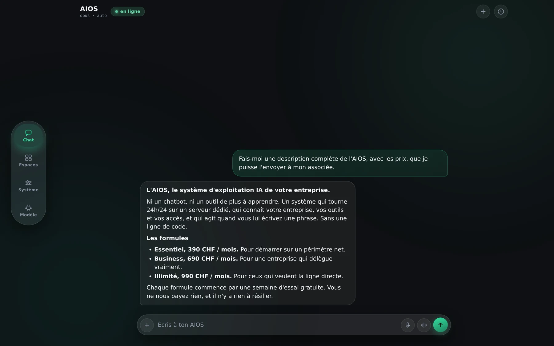 La console AIOS : on lui demande une description complète avec les prix, et sa réponse, prête à envoyer.